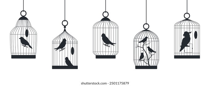 Birds cages silhouettes. Birds cages with domestic birds, canary, finch, cockatoo and budgie sitting in cages flat vector illustration set. Cages silhouette collection