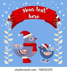 Birds in caps on the background of a red ribbon