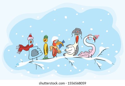 birds in caps are sitting on a snowy tree branch. funny winter riddle