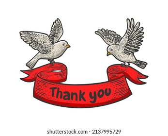 birds carry thank you banner ribbon color sketch engraving vector illustration. T-shirt apparel print design. Scratch board imitation. Black and white hand drawn image.