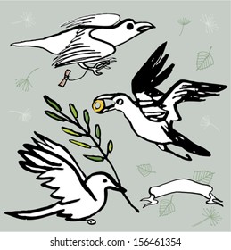 Birds carrying objects, dove, crow and pigeon presenting mission. Vector illustration.