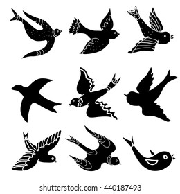 Birds cartoon set hand drawn, black silhouette isolated on white background