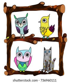 Birds and cat on tree