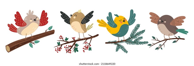 Birds characters sitting on branches isolated set. Vector flat graphic design illustration