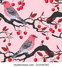 Birds and cherry tree seamless