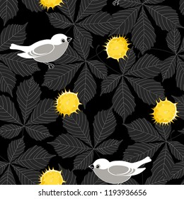 Birds, chestnuts and chestnut leaves. Vector seamless pattern on black background.Illustration of nature.