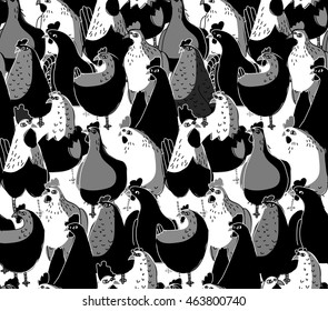 Birds chicken big group black and white seamless pattern. Monochrome vector illustration. EPS8