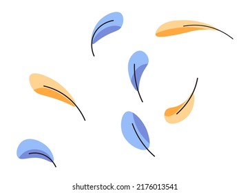 Birds or chicken feathers, isolated colorful quill of birdie. Decorative elegant plumage, tenderness, and softness. Production from farm, ornament, or adornment details. Vector in flat style