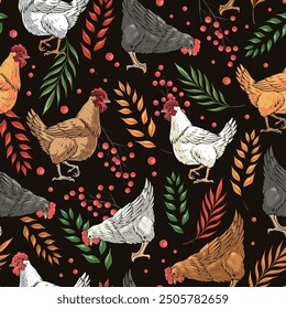 Birds chickens colorful seamless pattern with clings grazing on street eating red berries near tree branches vector illustration