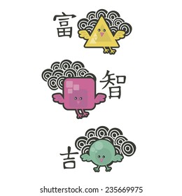 Birds with Chinese symbols of wealth, wisdom and luck. Vector illustration.