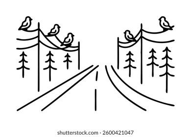 Birds chirp along the road. line art flat vector illustration