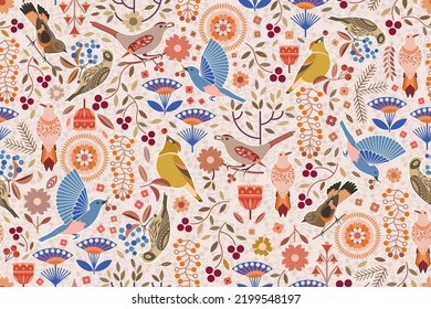 Birds chirp and sing having a berry party in a woodland with folksy art stylized flowers leaves and berries. For various surfaces printed design, home decor, backgrounds, scrapbooking, digital realm.