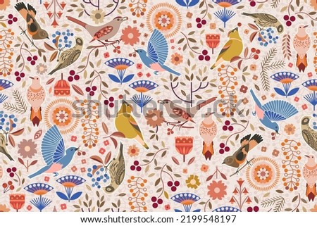 Birds chirp and sing having a berry party in a woodland with folksy art stylized flowers leaves and berries. For various surfaces printed design, home decor, backgrounds, scrapbooking, digital realm.