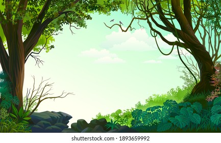 Birds chirping while resting on tree branches. A lush green outfield with rocks, trees, and plants