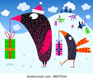 Birds and Christmas presents - vector