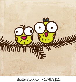 Birds, Christmas Tree. Cute Hand Drawn Vector illustration, Vintage Paper Texture Background