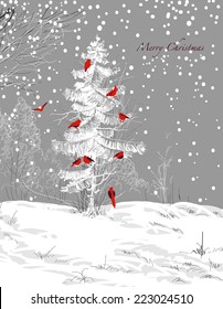 Birds Christmas tree, winter scene