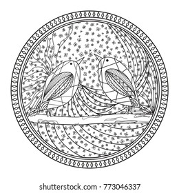 Birds. Circle pattern. Zentangle. Hand drawn birds with abstract patterns on isolation background. Design for spiritual relaxation for adults. Print for polygraphy, t-shirts and textiles. Zen art