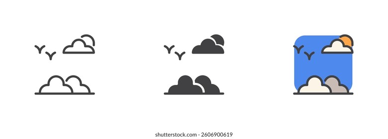 The birds and clouds different style icon set. Line, glyph and filled outline colorful version, outline and filled vector sign. Symbol, logo illustration. Vector graphics