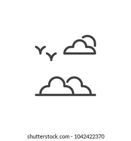 Birds and clouds outline icon. linear style sign for mobile concept and web design. Flying birds in the sky simple line vector icon. Symbol, logo illustration. Pixel perfect vector graphics