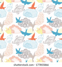 Birds and clouds seamless pattern