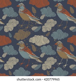 Birds with clouds, seamless pattern on white background vector illustration