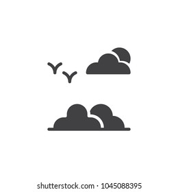 Birds and clouds vector icon. filled flat sign for mobile concept and web design. Flying birds in the sky simple solid icon. Symbol, logo illustration. Pixel perfect vector graphics