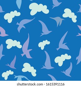 Birds and clouds vector seamless pattern on blue background. Soft Light colors.