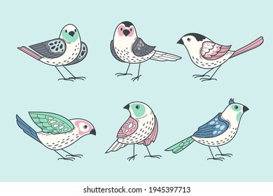 Colección de aves. Se organizan diferentes pequeños pájaros. Ilustración de vectores animales salvajes.