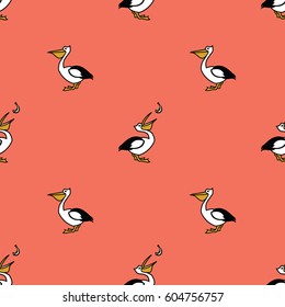 Birds collection Pelican Seamless pattern Pink background