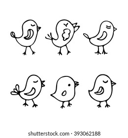 Birds collection, set of line art cartoon birds sketch hand drawn 