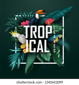 Birds collection and tropical plants background
