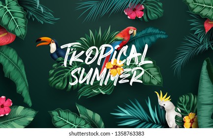 Birds collection and tropical plants background