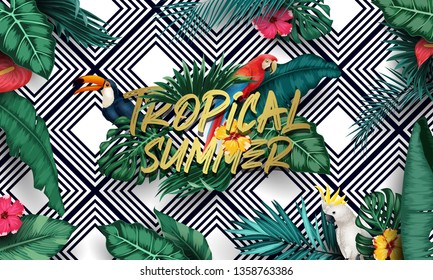 Birds collection and tropical plants background