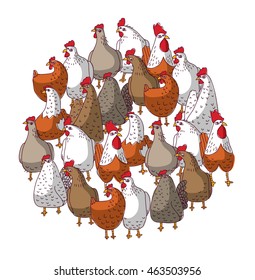 Birds color chicken group isolated on white. Color vector illustration. EPS8