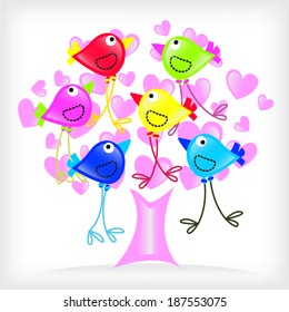 birds color and tree with hearts of valentine's day
