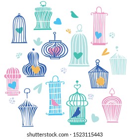 Birds in colored retro cages background, wallpaper