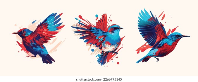 Birds colorful design. element decoration for posters and wall art, bird banner design stylish creative background music covers. red and blue colors modern art. bird wildlife in denamic pose vector 
