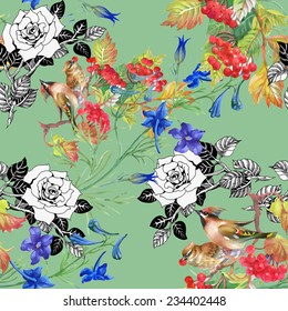 Birds with colorful flowers seamless pattern on green background vector illustration