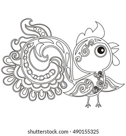 Birds coloring book.Chinese animal astrological sign red rooster hand-drawn isolated white background symbol 2017 New Year, Christmas card. Japanese zodiac horoscope banner. Easter holiday pattern. 