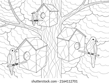 Pájaros coloridos sentados en el árbol de pajarera gráfico de dibujos en blanco negro vector