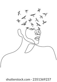 Birds Coming out of a Woman's Head in Minimal One Line Art Drawing