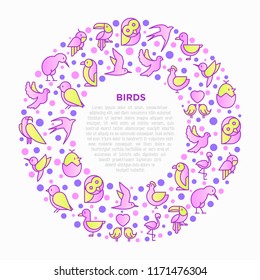 Birds concept in circle with thin line icons: dove, owl, penguin, sparrow, swallow, kiwi, parrot, eagle, humming bird, pink flamingo. Modern vector illustration, print media template.
