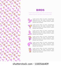 Birds concept with thin line icons set: dove, owl, penguin, sparrow, swallow, kiwi, parrot, eagle, humming bird, pink flamingo. Modern vector illustration, print media template.