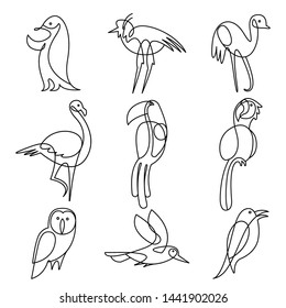 Birds continuous line drawing elements set isolated on white background for logo or decorative element. tukan, parrot, owl, flamingo, penguin, seagull. Vector illustration.