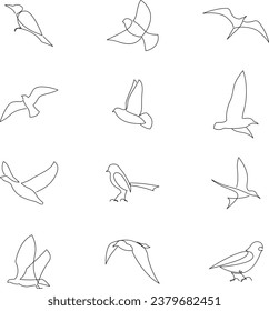 Juego de dibujo continuo de pájaros. Colección de iconos de pájaro. Ilustración vectorial.