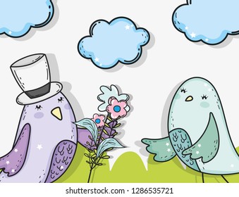 birds couple with flowers plants and clouds