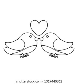 birds couple kiss with heart black and white