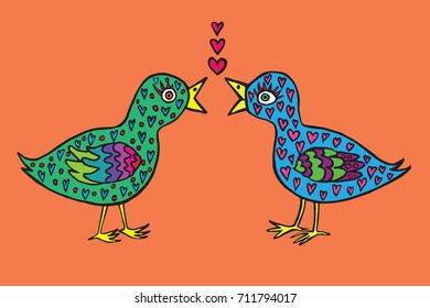 Birds couple in love with heart shape feathers, hand drawn doodle, sketch in naïve, pop art style, color vector illustration, card design on orange background