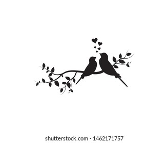 Birds couple in love on branch, wall decals, vector, birds silhouettes illustration isolated on white background, wall art decor, home decor, romance in nature 